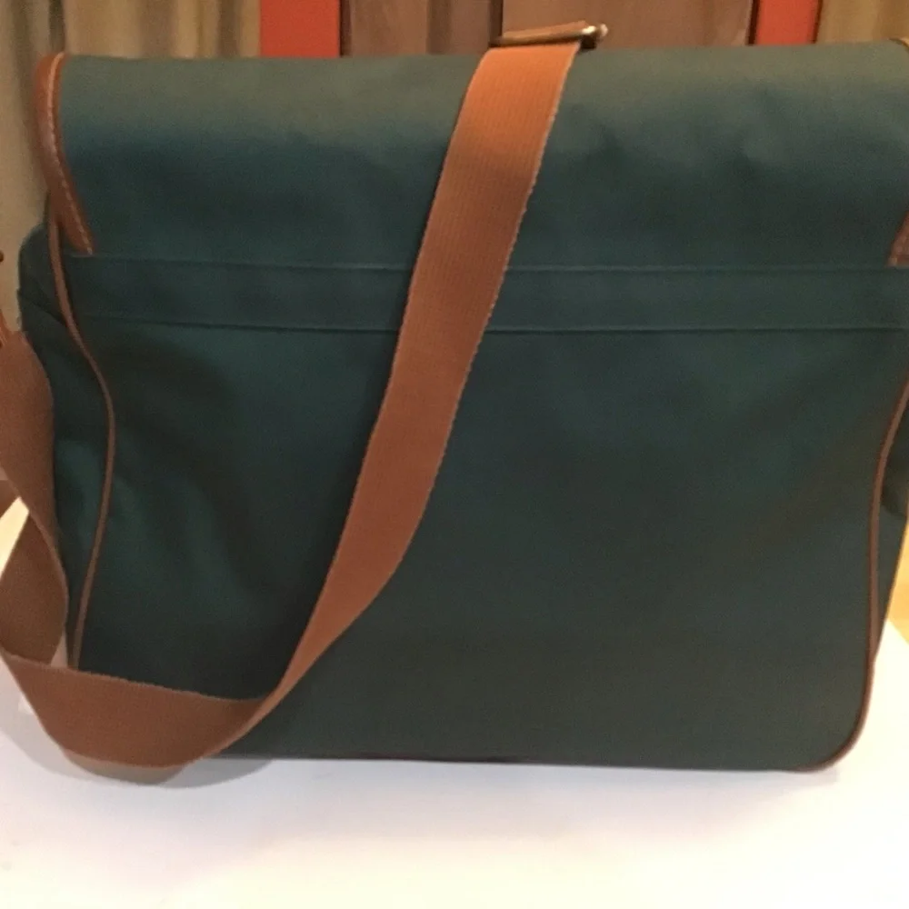 Polo Ralph Lauren Vintage Messenger Bag Hunter Green Brown Leather Trim